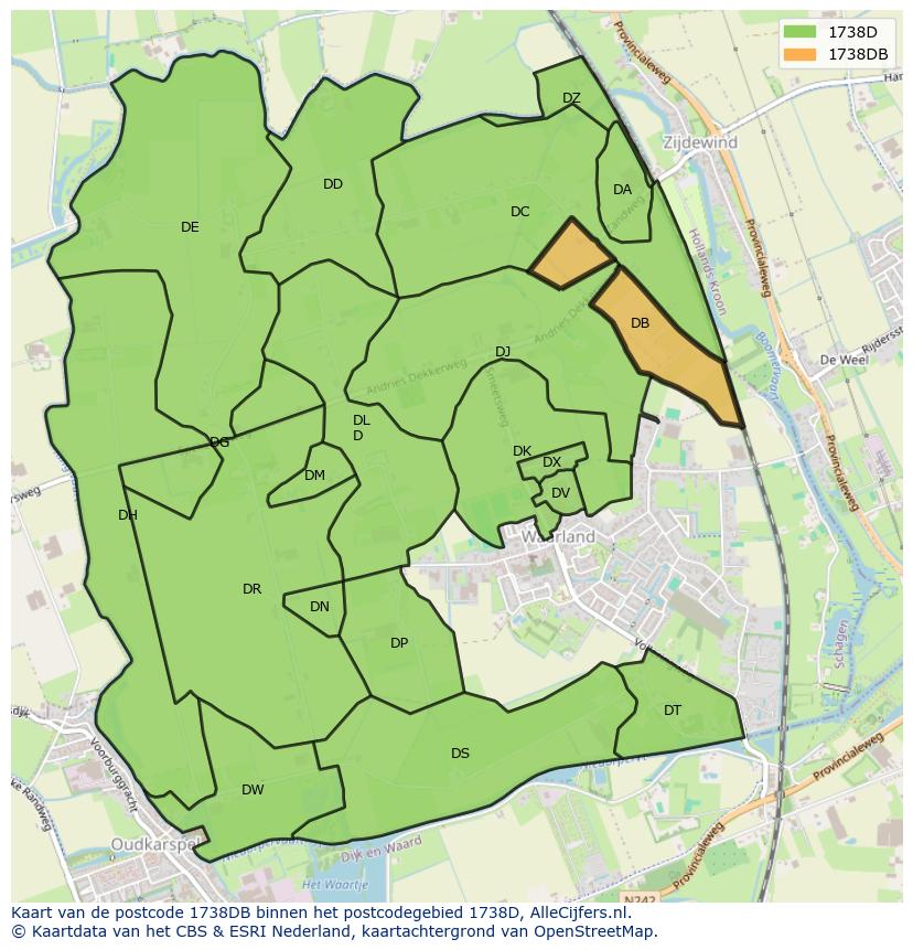 Afbeelding van het postcodegebied 1738 DB op de kaart.