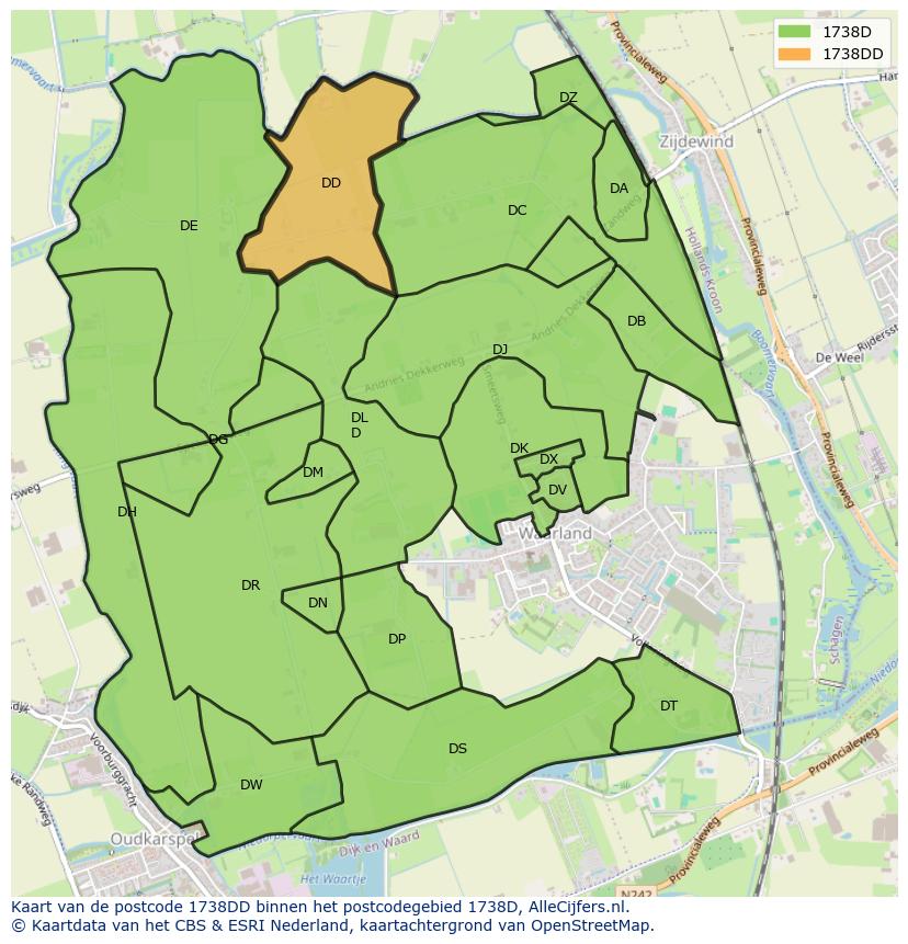 Afbeelding van het postcodegebied 1738 DD op de kaart.