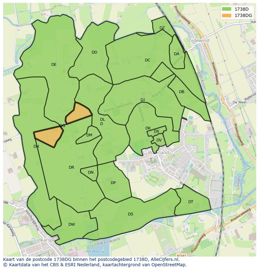 Afbeelding van het postcodegebied 1738 DG op de kaart.