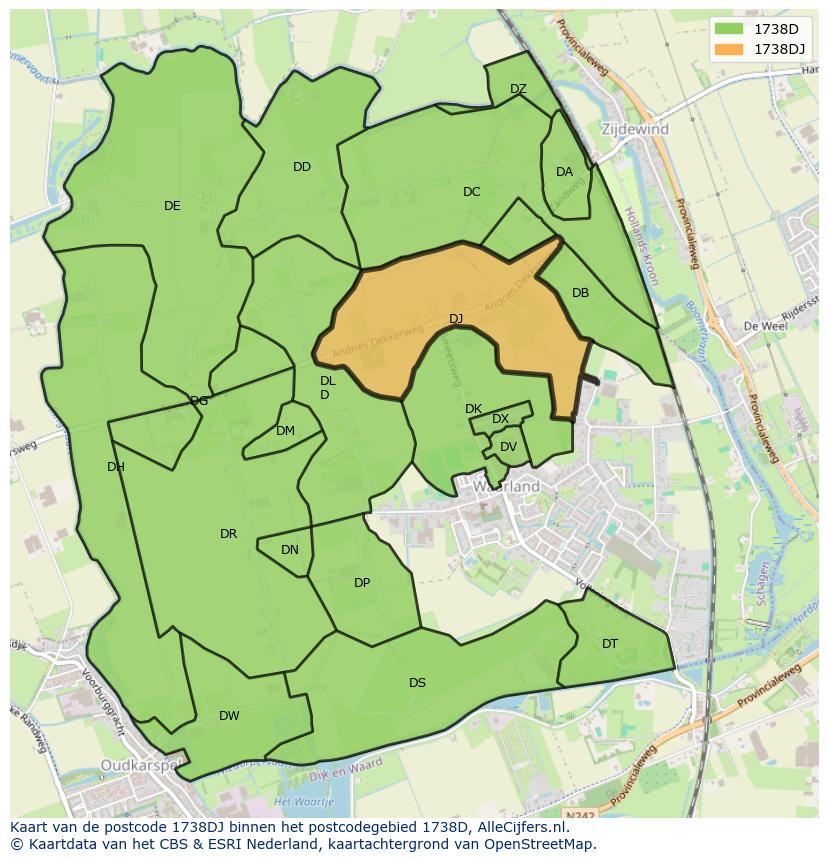 Afbeelding van het postcodegebied 1738 DJ op de kaart.