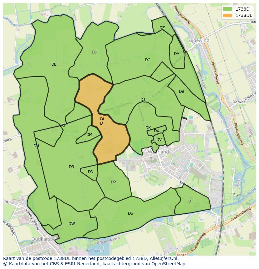 Afbeelding van het postcodegebied 1738 DL op de kaart.