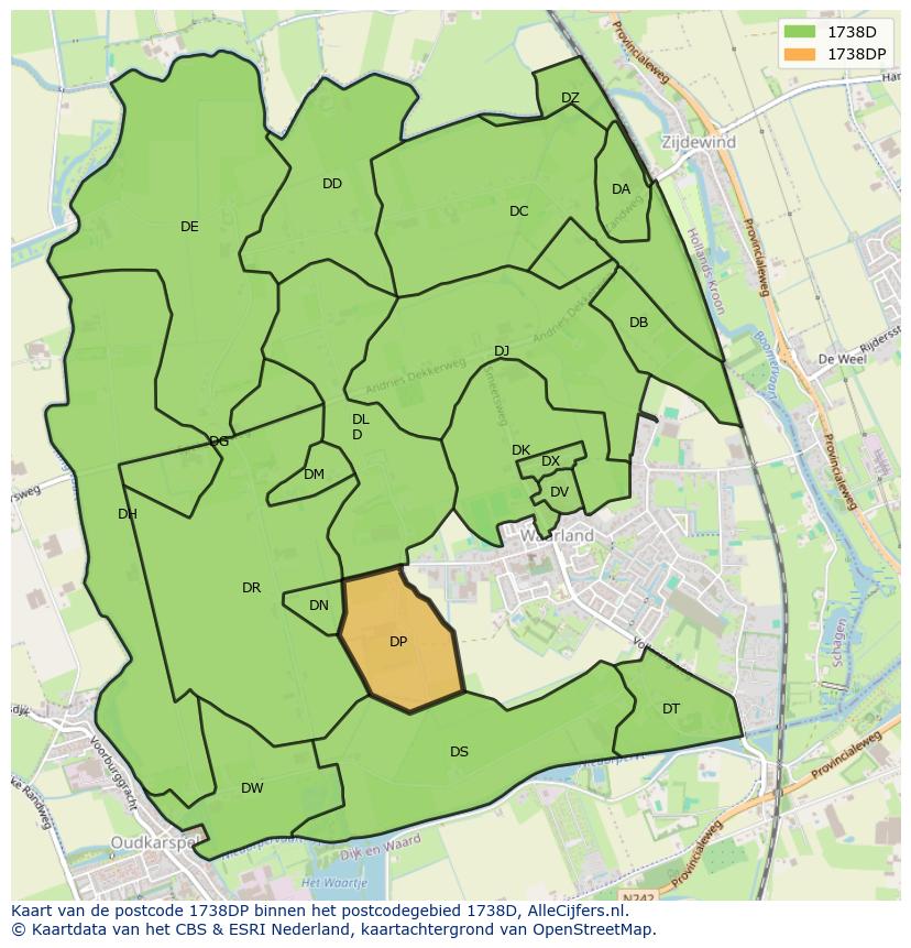 Afbeelding van het postcodegebied 1738 DP op de kaart.