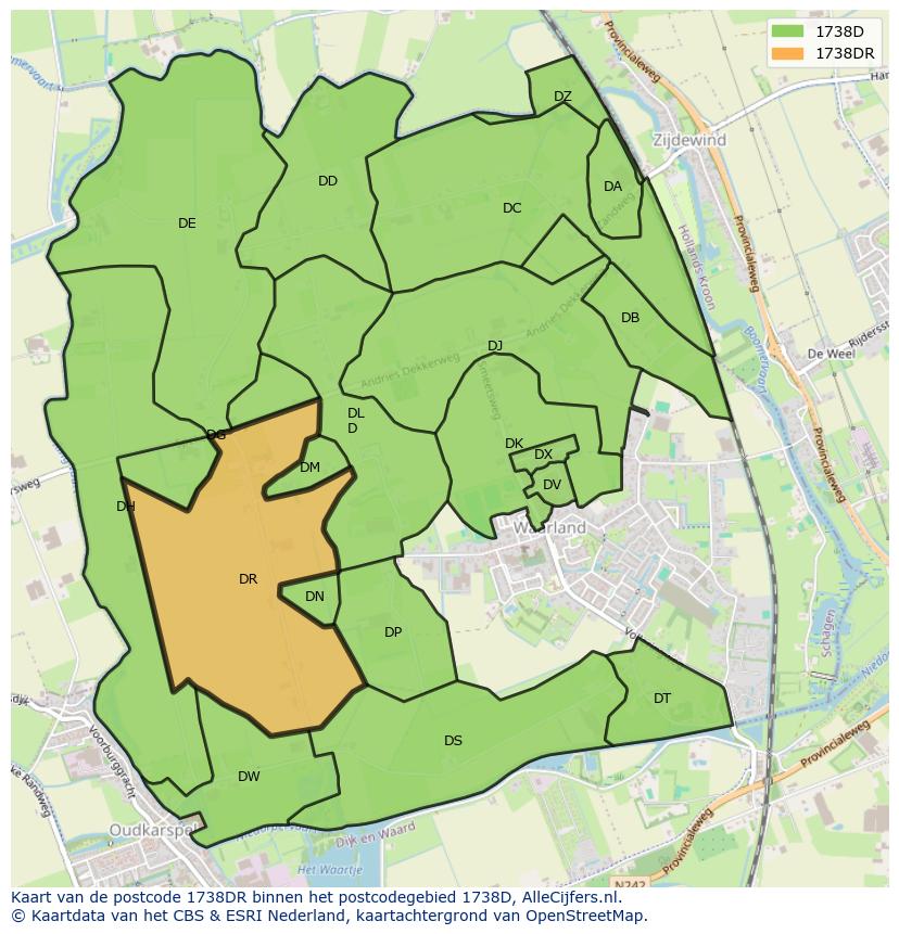Afbeelding van het postcodegebied 1738 DR op de kaart.