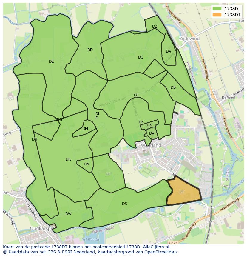 Afbeelding van het postcodegebied 1738 DT op de kaart.