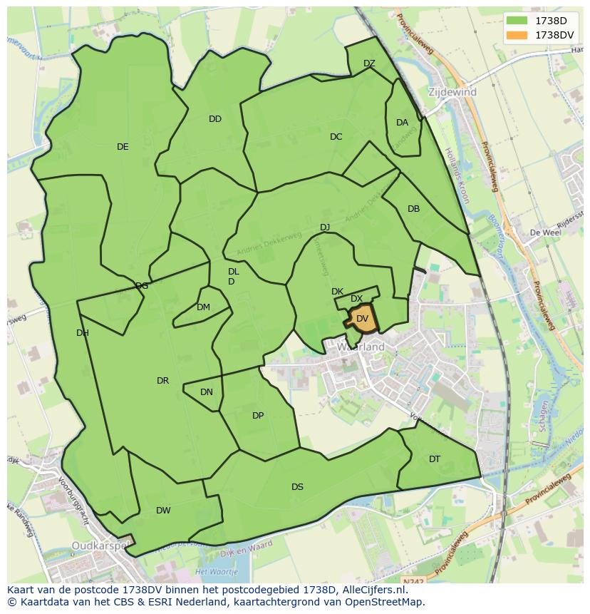 Afbeelding van het postcodegebied 1738 DV op de kaart.
