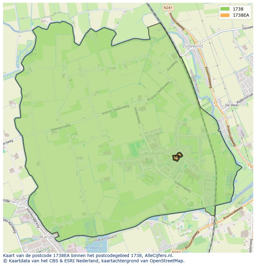 Afbeelding van het postcodegebied 1738 EA op de kaart.