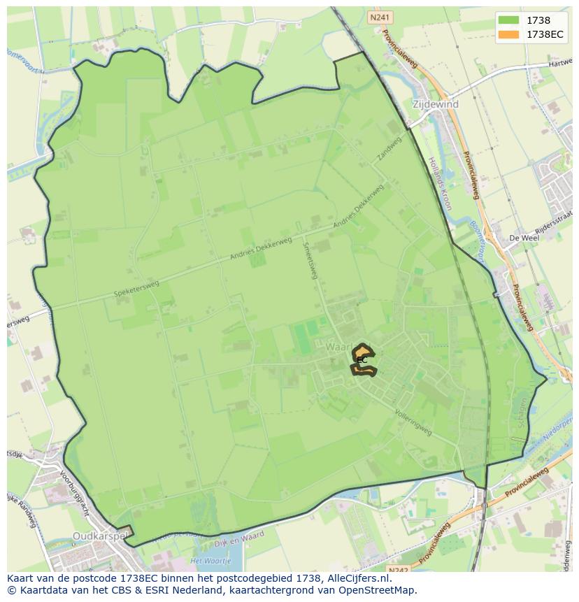 Afbeelding van het postcodegebied 1738 EC op de kaart.