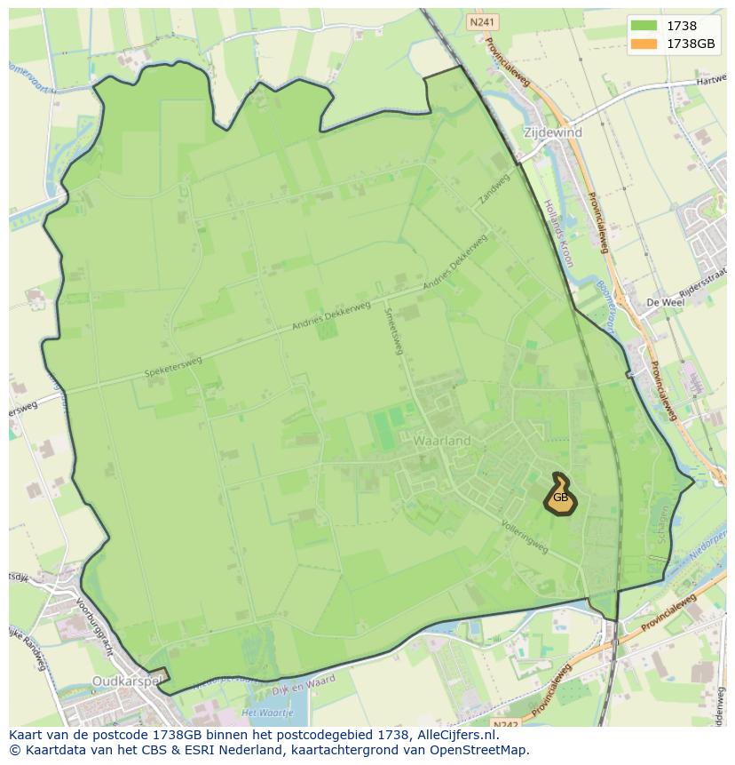 Afbeelding van het postcodegebied 1738 GB op de kaart.