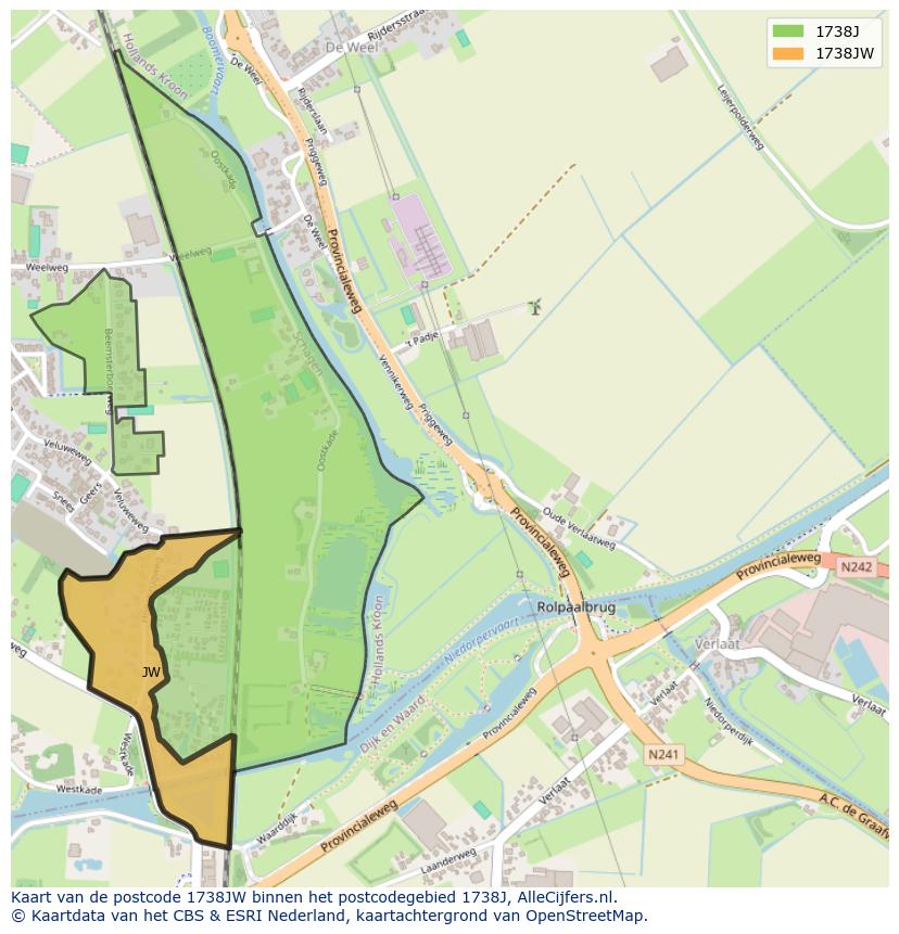 Afbeelding van het postcodegebied 1738 JW op de kaart.