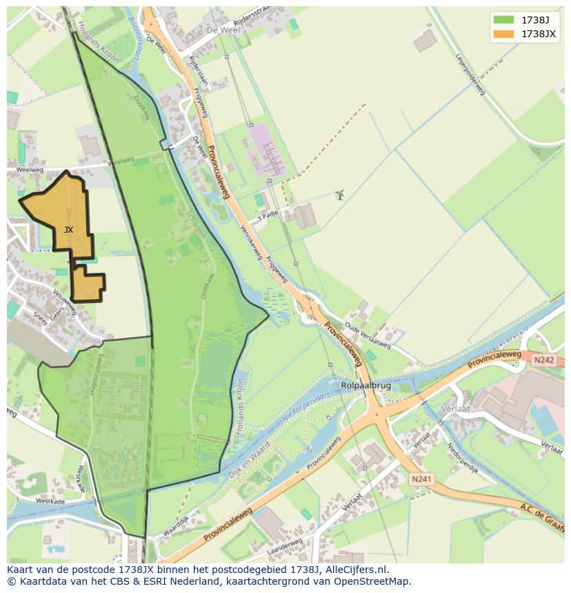 Afbeelding van het postcodegebied 1738 JX op de kaart.