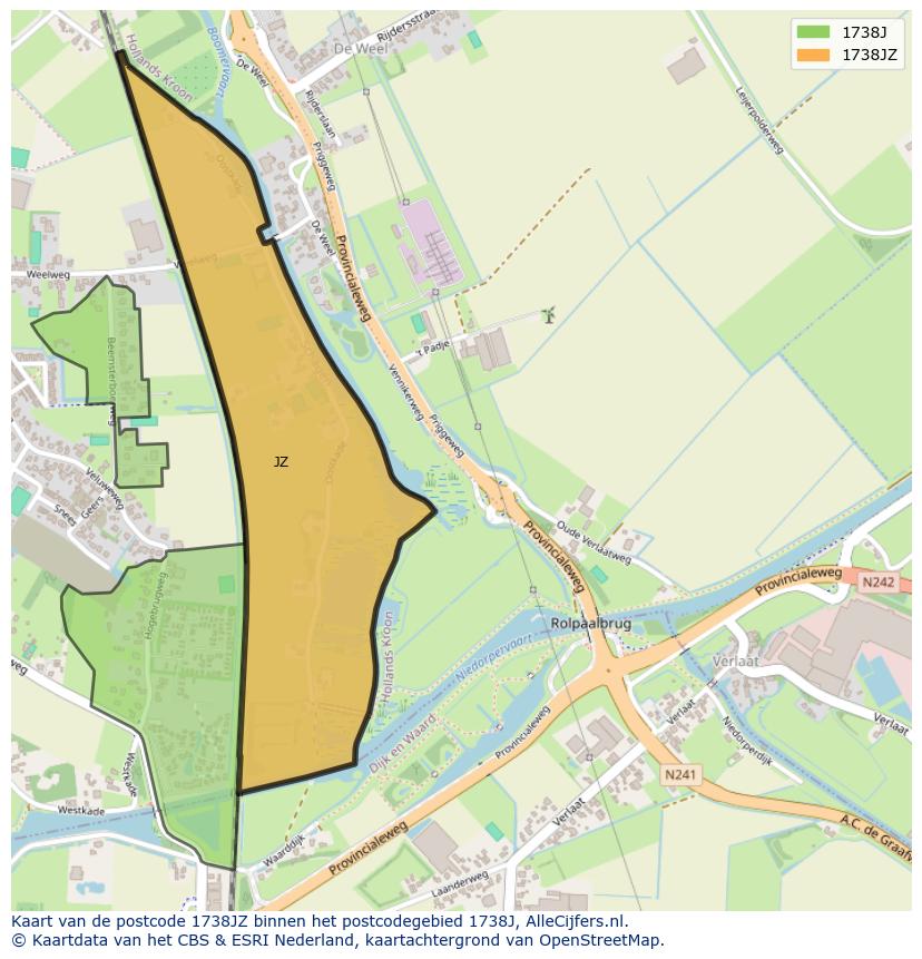 Afbeelding van het postcodegebied 1738 JZ op de kaart.