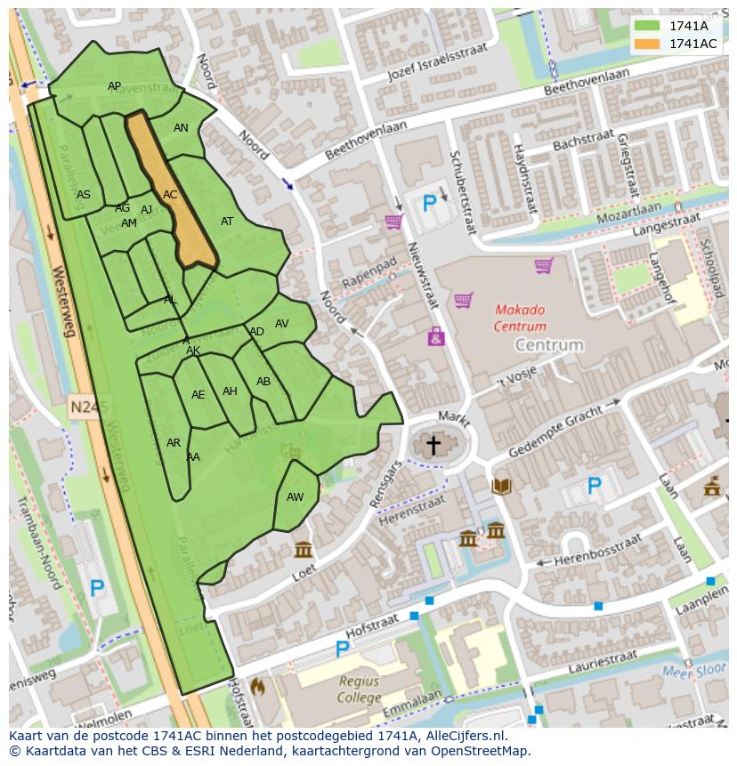 Afbeelding van het postcodegebied 1741 AC op de kaart.