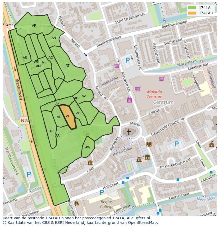 Afbeelding van het postcodegebied 1741 AH op de kaart.