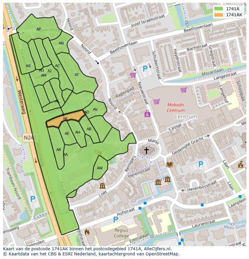 Afbeelding van het postcodegebied 1741 AK op de kaart.