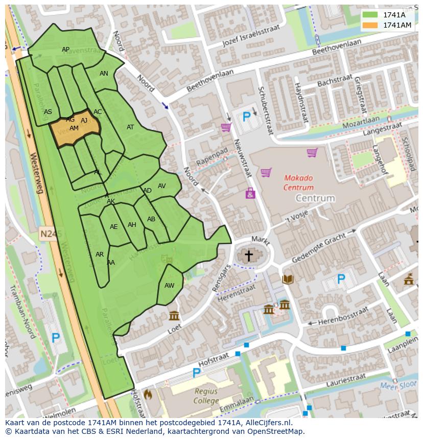 Afbeelding van het postcodegebied 1741 AM op de kaart.