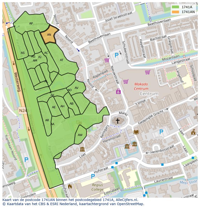 Afbeelding van het postcodegebied 1741 AN op de kaart.