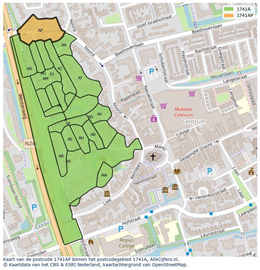 Afbeelding van het postcodegebied 1741 AP op de kaart.