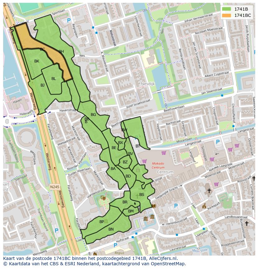 Afbeelding van het postcodegebied 1741 BC op de kaart.