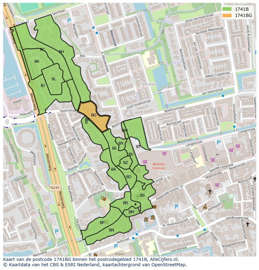 Afbeelding van het postcodegebied 1741 BG op de kaart.