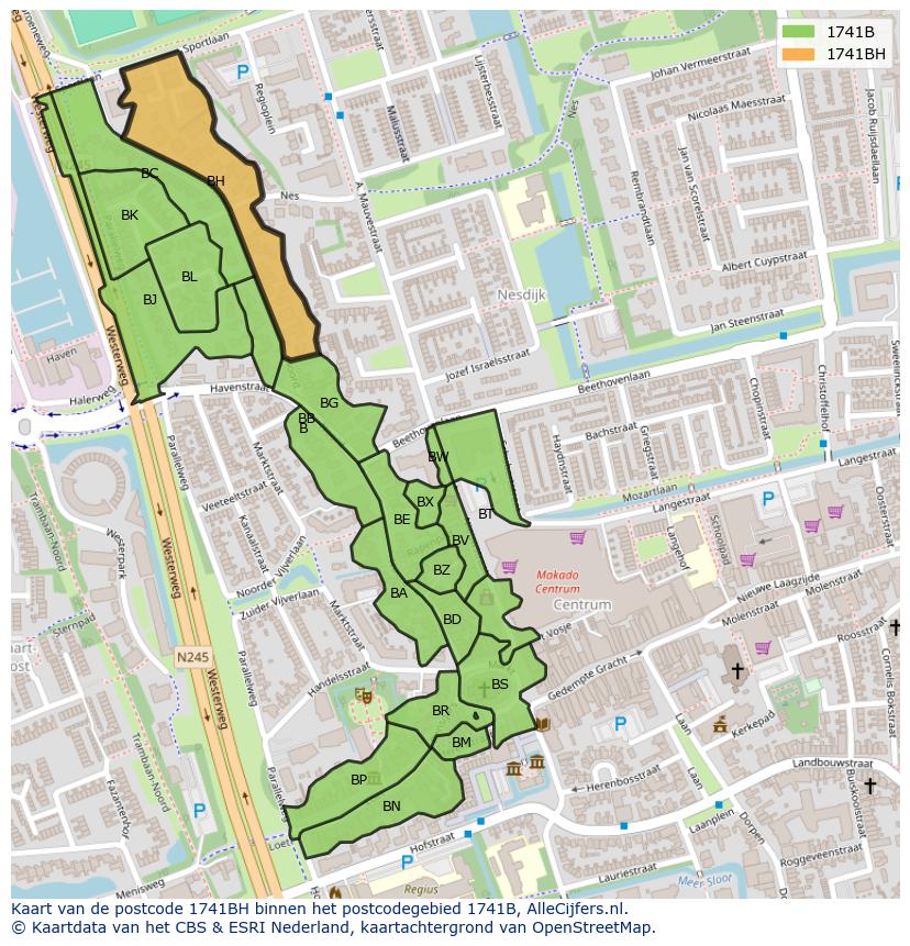 Afbeelding van het postcodegebied 1741 BH op de kaart.