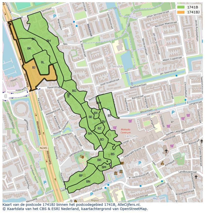 Afbeelding van het postcodegebied 1741 BJ op de kaart.