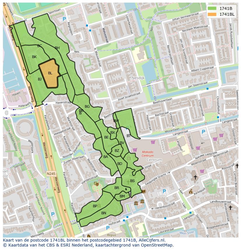 Afbeelding van het postcodegebied 1741 BL op de kaart.