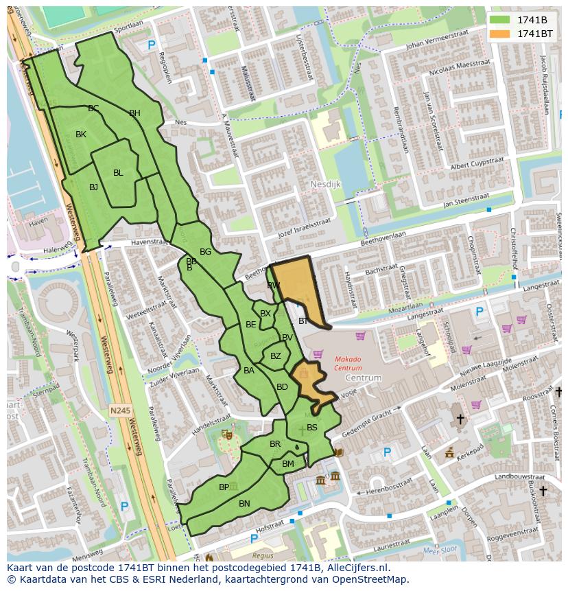 Afbeelding van het postcodegebied 1741 BT op de kaart.