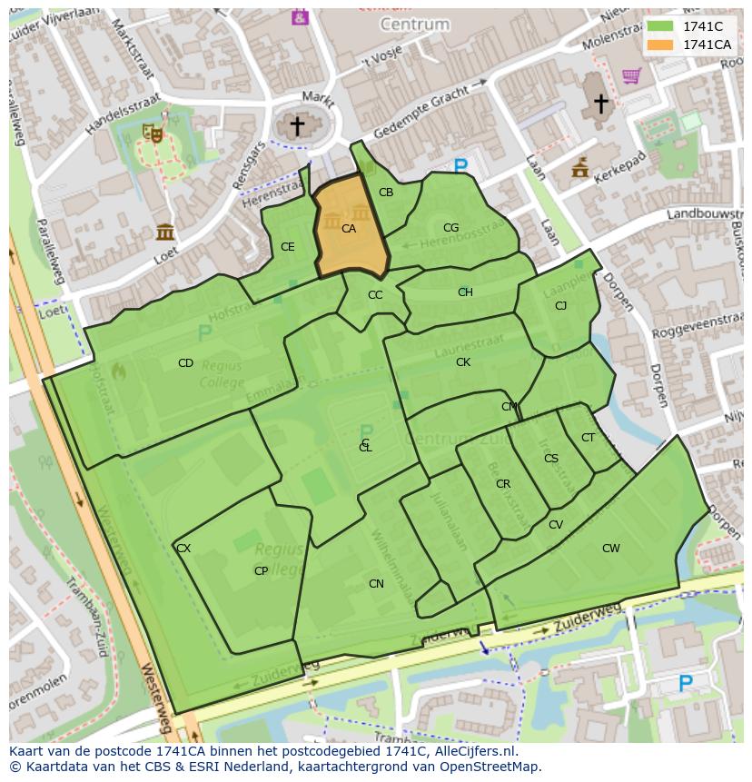 Afbeelding van het postcodegebied 1741 CA op de kaart.