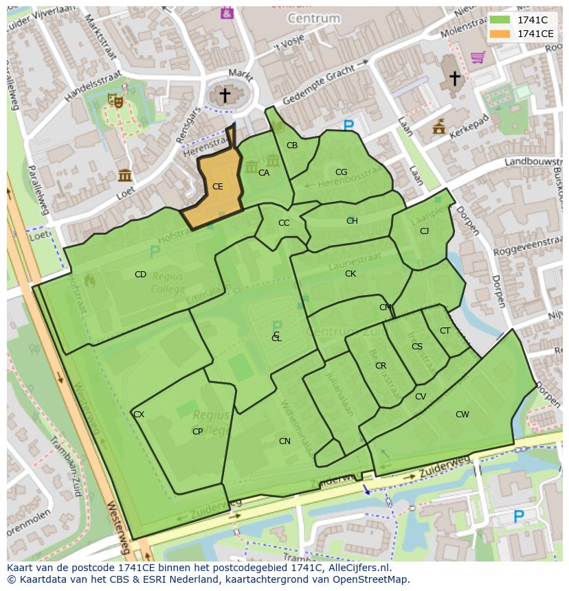 Afbeelding van het postcodegebied 1741 CE op de kaart.