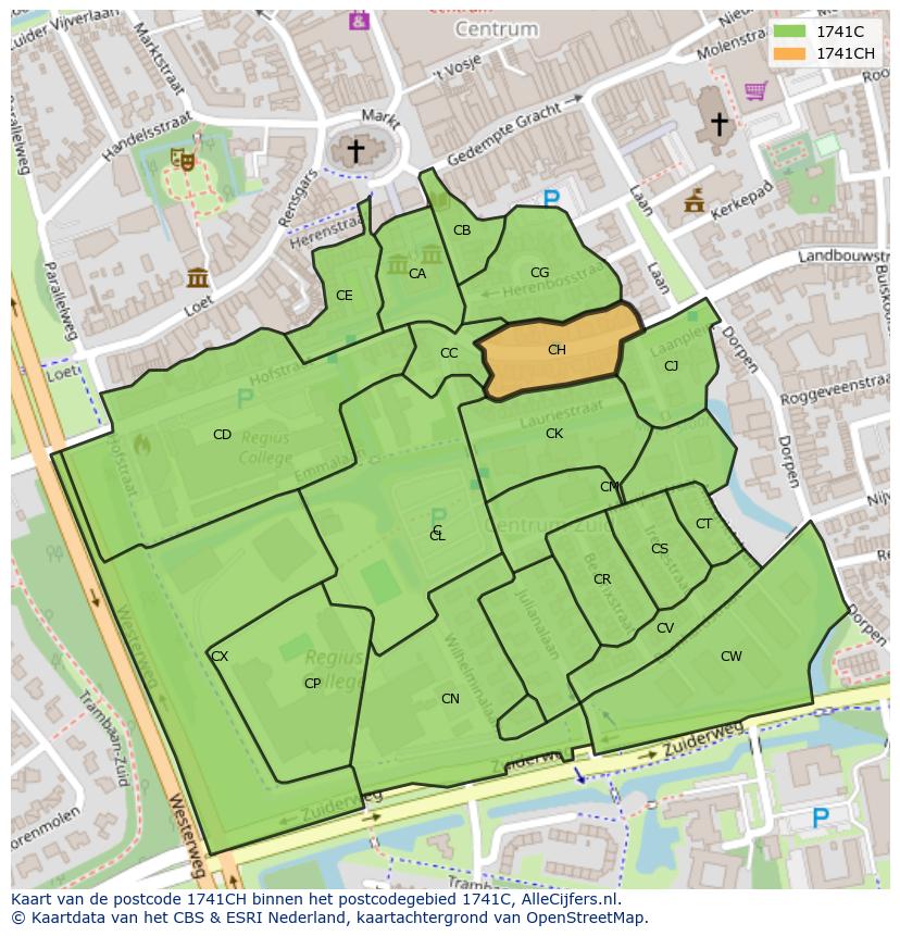 Afbeelding van het postcodegebied 1741 CH op de kaart.