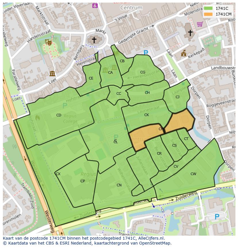 Afbeelding van het postcodegebied 1741 CM op de kaart.