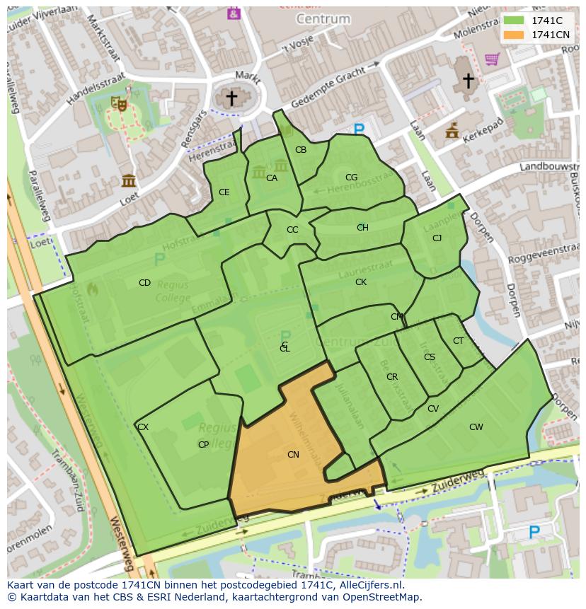 Afbeelding van het postcodegebied 1741 CN op de kaart.