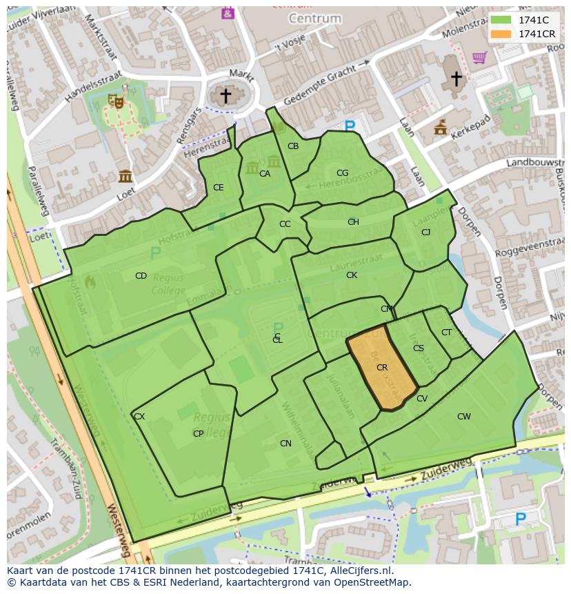 Afbeelding van het postcodegebied 1741 CR op de kaart.