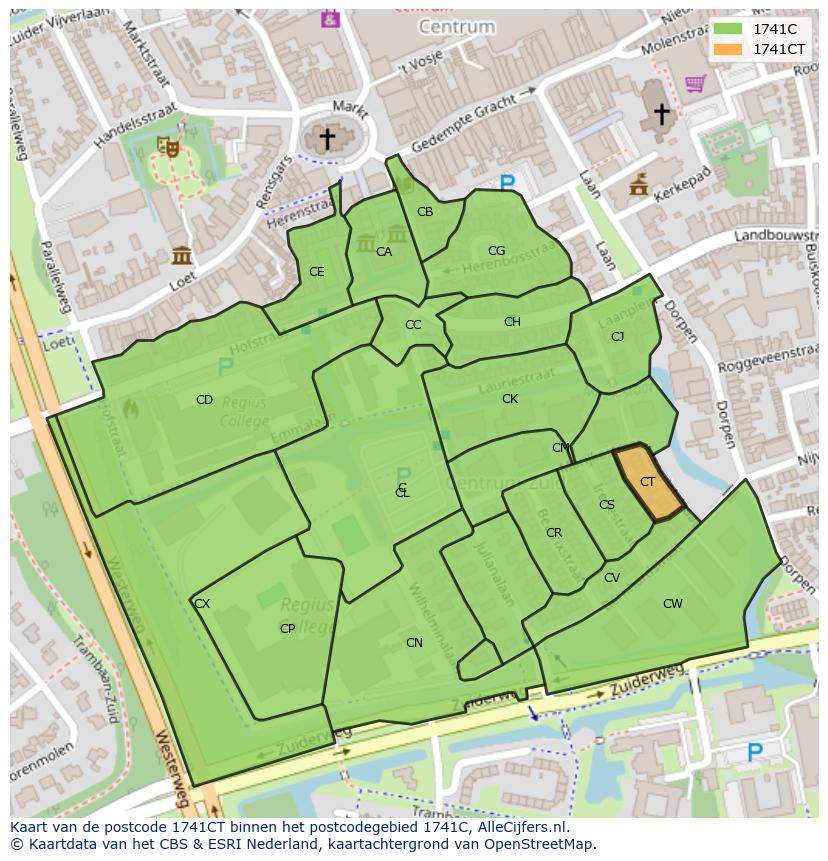 Afbeelding van het postcodegebied 1741 CT op de kaart.