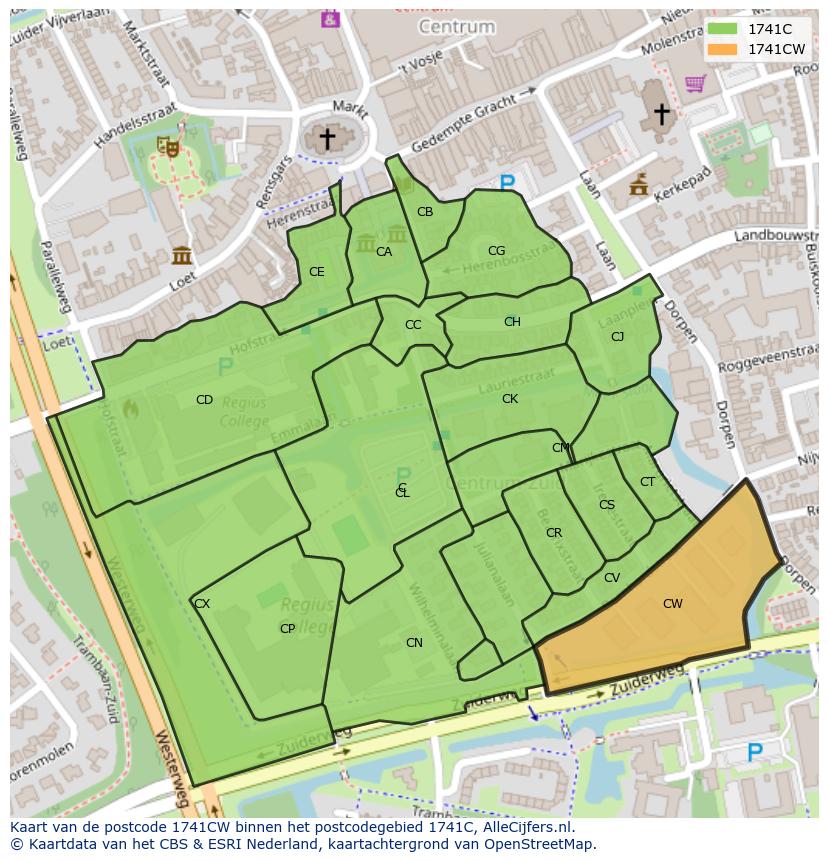 Afbeelding van het postcodegebied 1741 CW op de kaart.