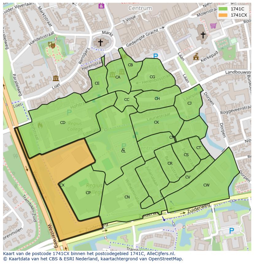 Afbeelding van het postcodegebied 1741 CX op de kaart.