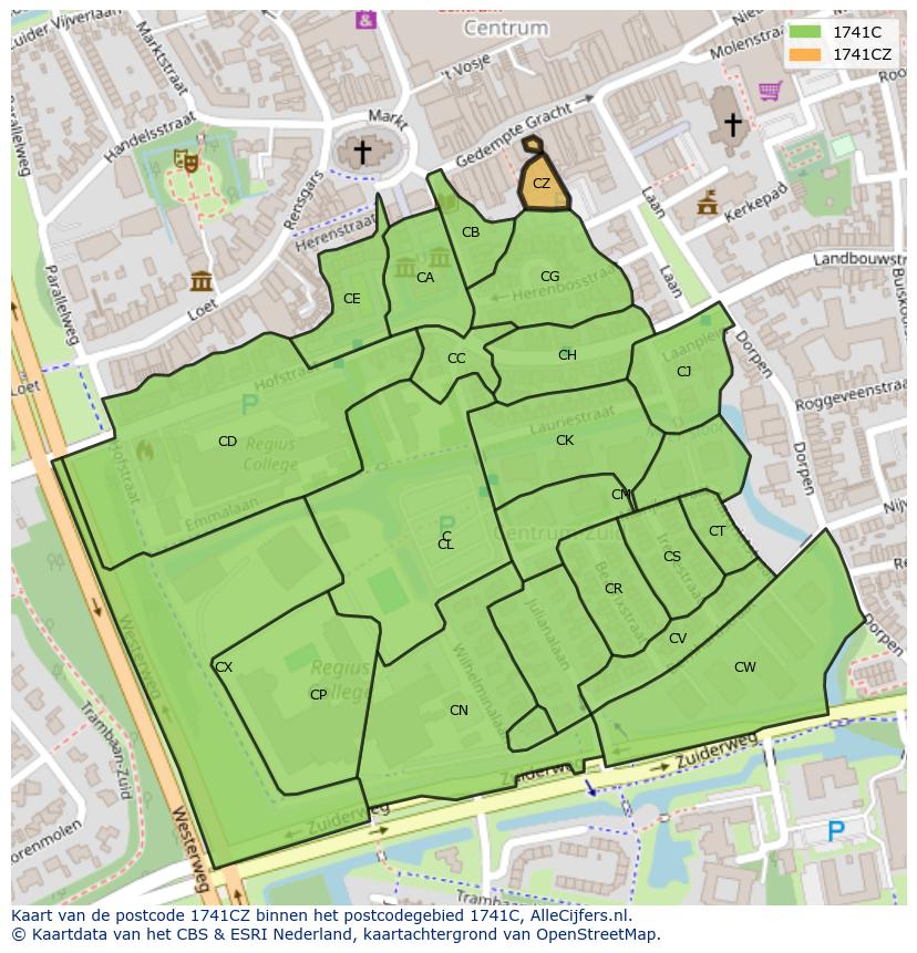 Afbeelding van het postcodegebied 1741 CZ op de kaart.