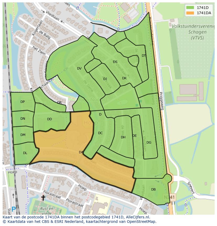 Afbeelding van het postcodegebied 1741 DA op de kaart.