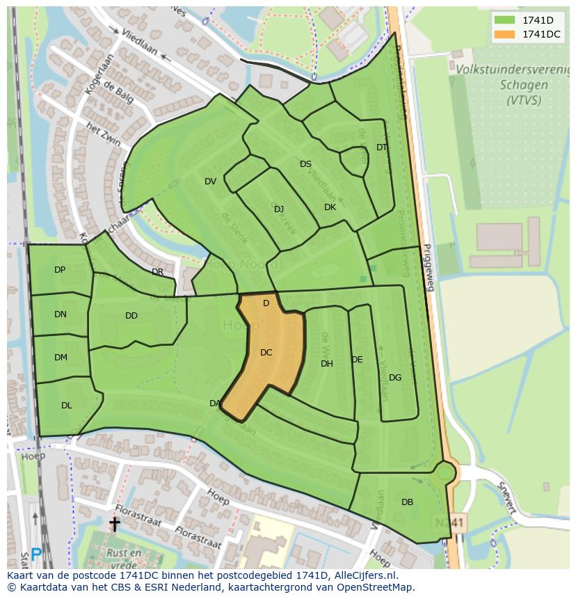 Afbeelding van het postcodegebied 1741 DC op de kaart.