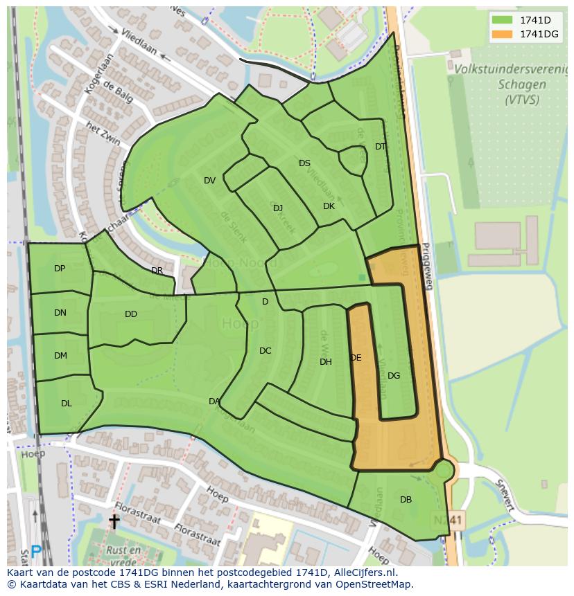 Afbeelding van het postcodegebied 1741 DG op de kaart.