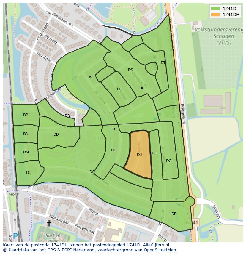Afbeelding van het postcodegebied 1741 DH op de kaart.