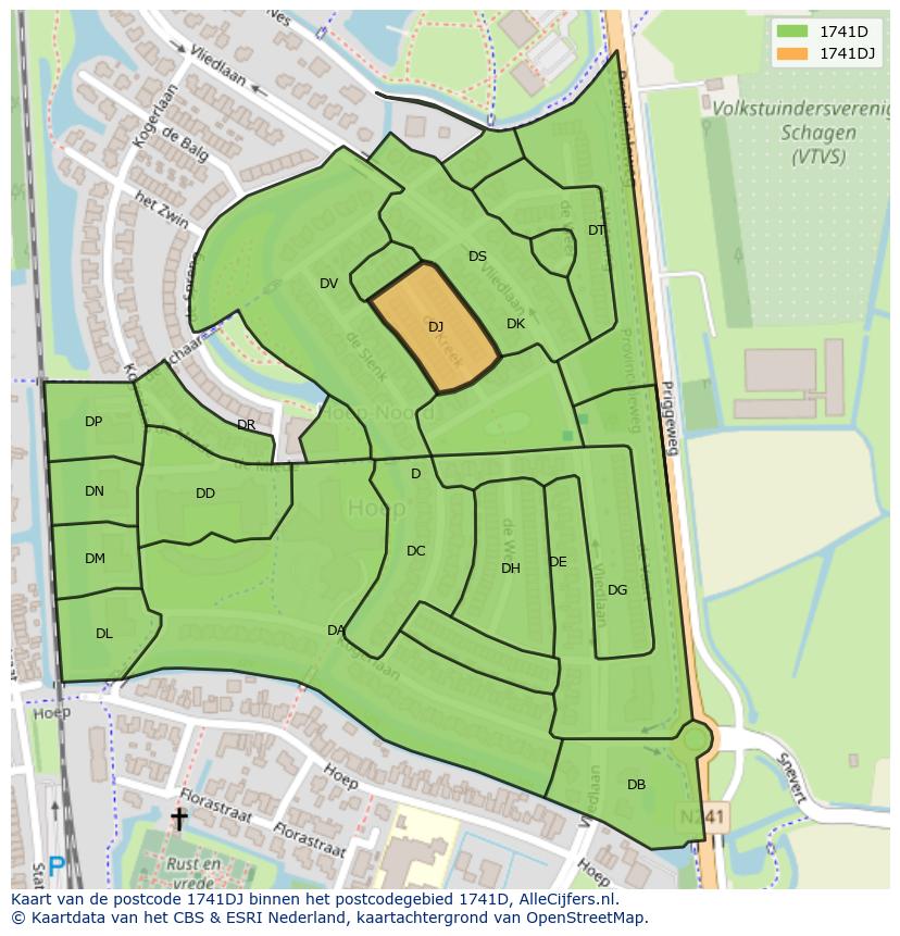 Afbeelding van het postcodegebied 1741 DJ op de kaart.