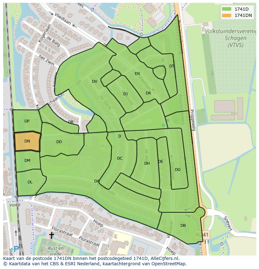 Afbeelding van het postcodegebied 1741 DN op de kaart.