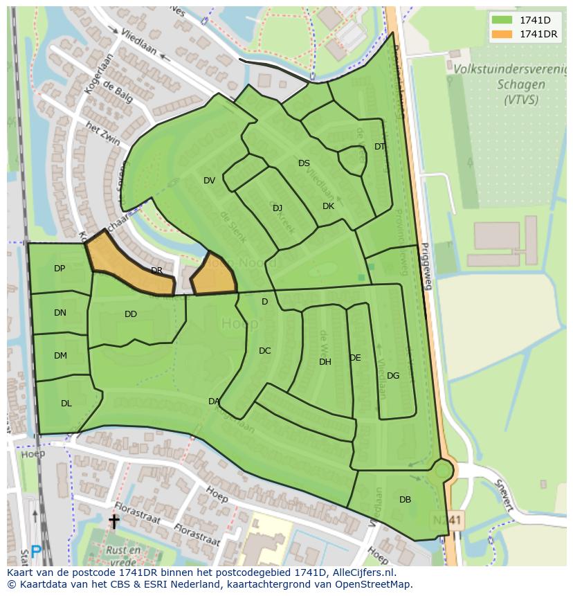 Afbeelding van het postcodegebied 1741 DR op de kaart.