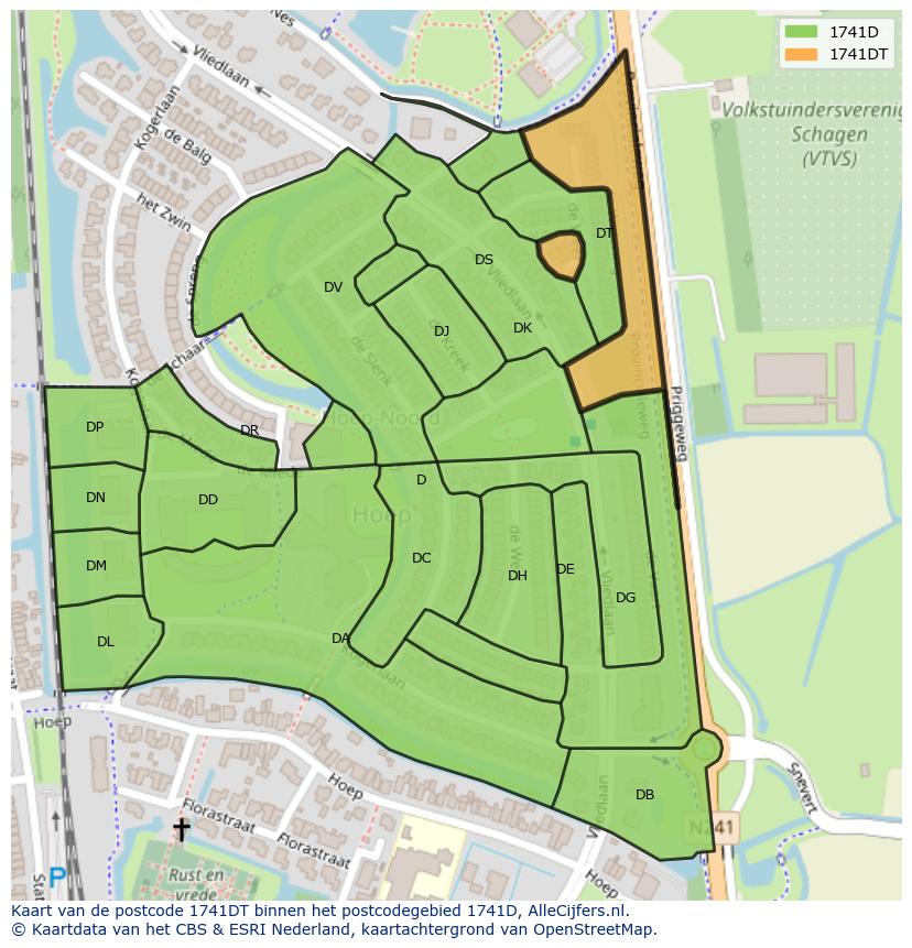 Afbeelding van het postcodegebied 1741 DT op de kaart.