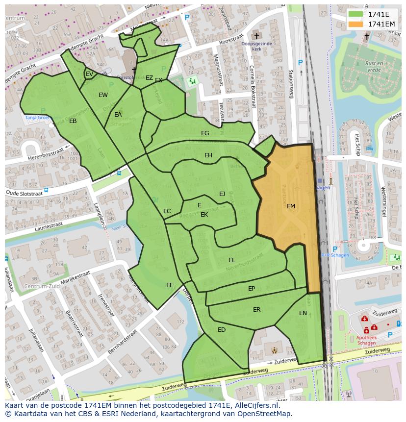 Afbeelding van het postcodegebied 1741 EM op de kaart.