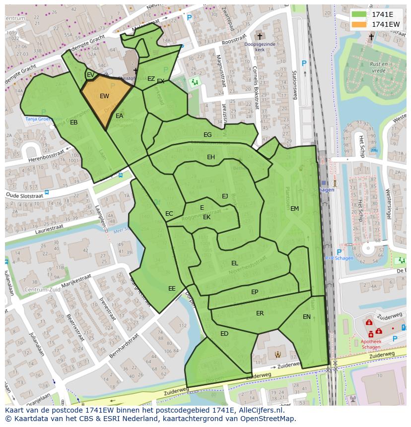 Afbeelding van het postcodegebied 1741 EW op de kaart.