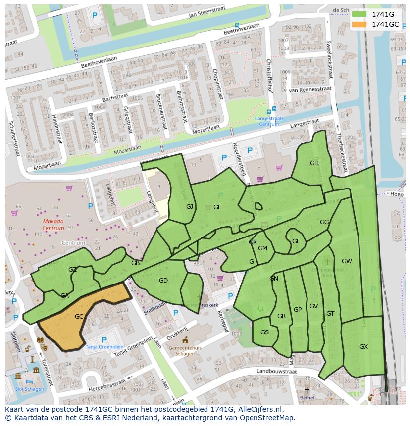 Afbeelding van het postcodegebied 1741 GC op de kaart.