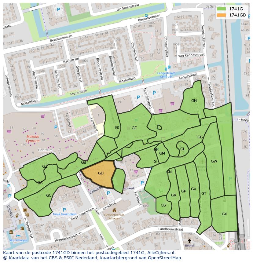 Afbeelding van het postcodegebied 1741 GD op de kaart.