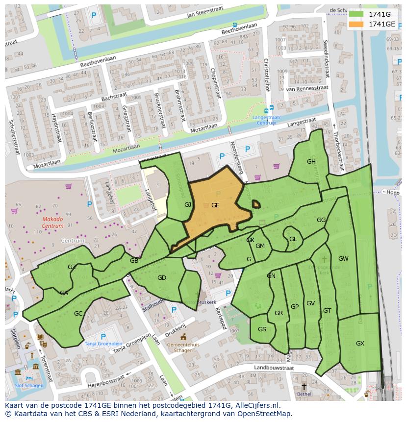 Afbeelding van het postcodegebied 1741 GE op de kaart.